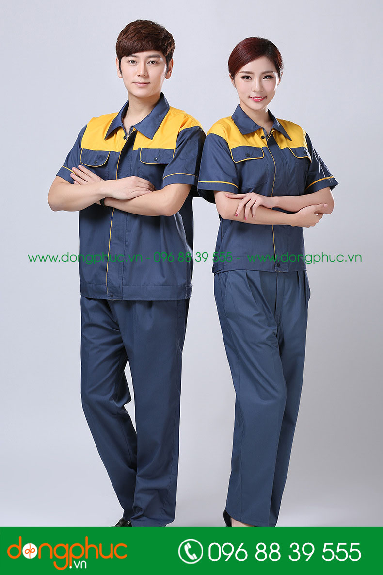 Mẫu bảo hộ màu xanh đậm phối vàng cộc tay